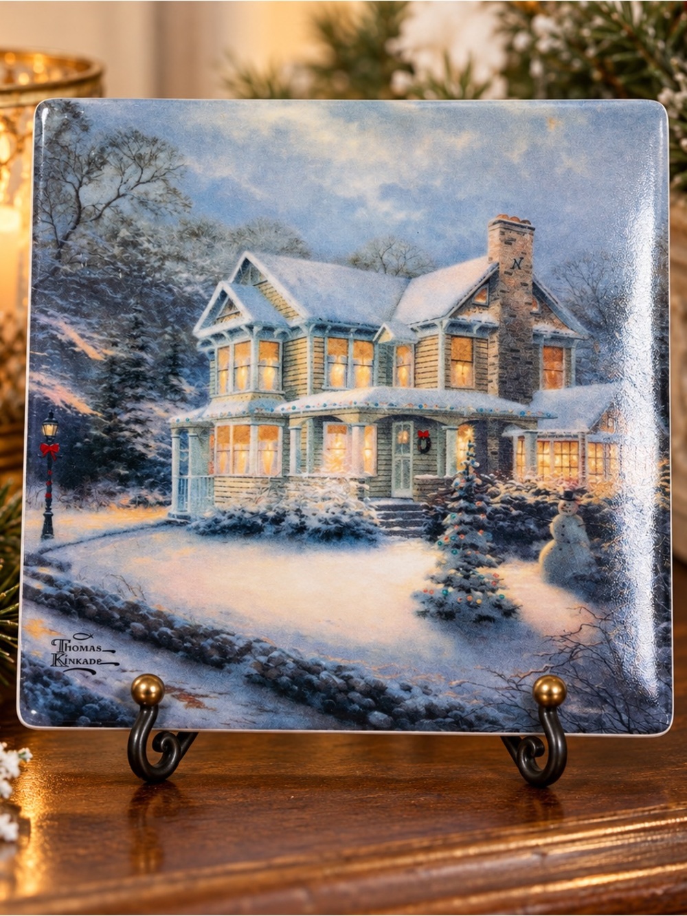Thomas Kinkade Hallmark Victorian Christmas Ceramic Tile Hot Plate Trivet 7X7